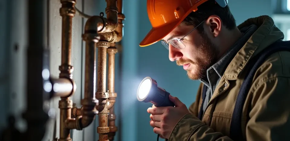 plumber inspecting pipes to prevent seasonal plumbing failures