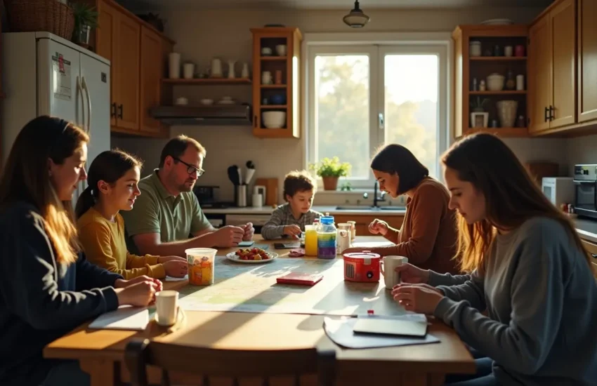family preparing household supplies and plans for extended power outage
