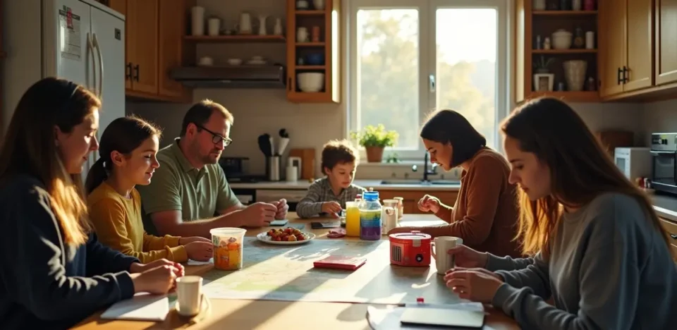 family preparing household supplies and plans for extended power outage