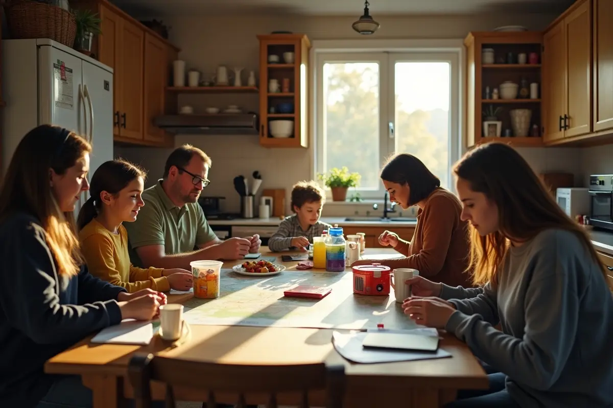 family preparing household supplies and plans for extended power outage