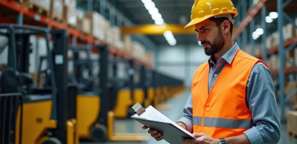 facility manager conducting comprehensive material handling equipment audit