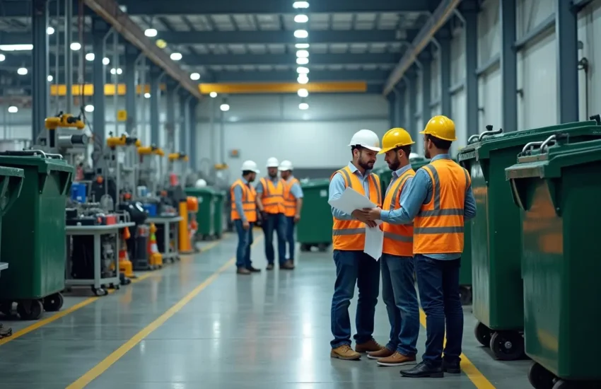 industrial team managing waste safely in modern manufacturing facility