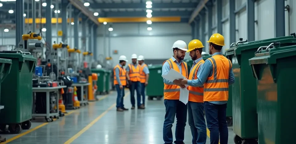 industrial team managing waste safely in modern manufacturing facility