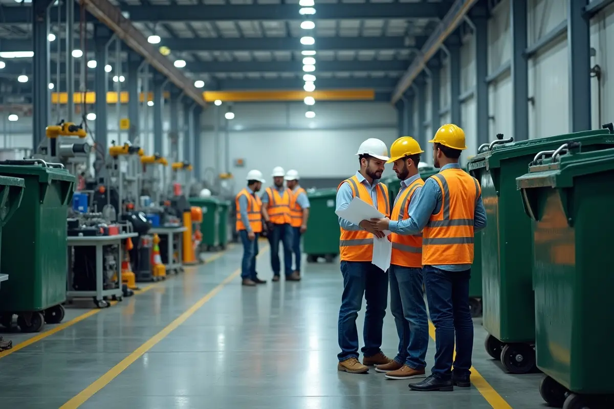 industrial team managing waste safely in modern manufacturing facility
