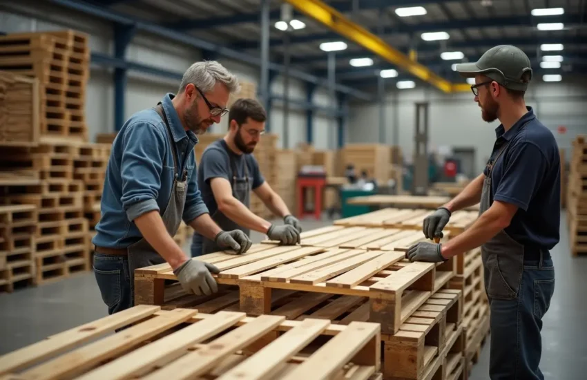 workers fabricating durable custom timber pallets in industrial workshop