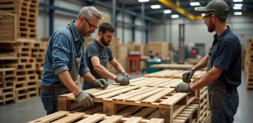 workers fabricating durable custom timber pallets in industrial workshop