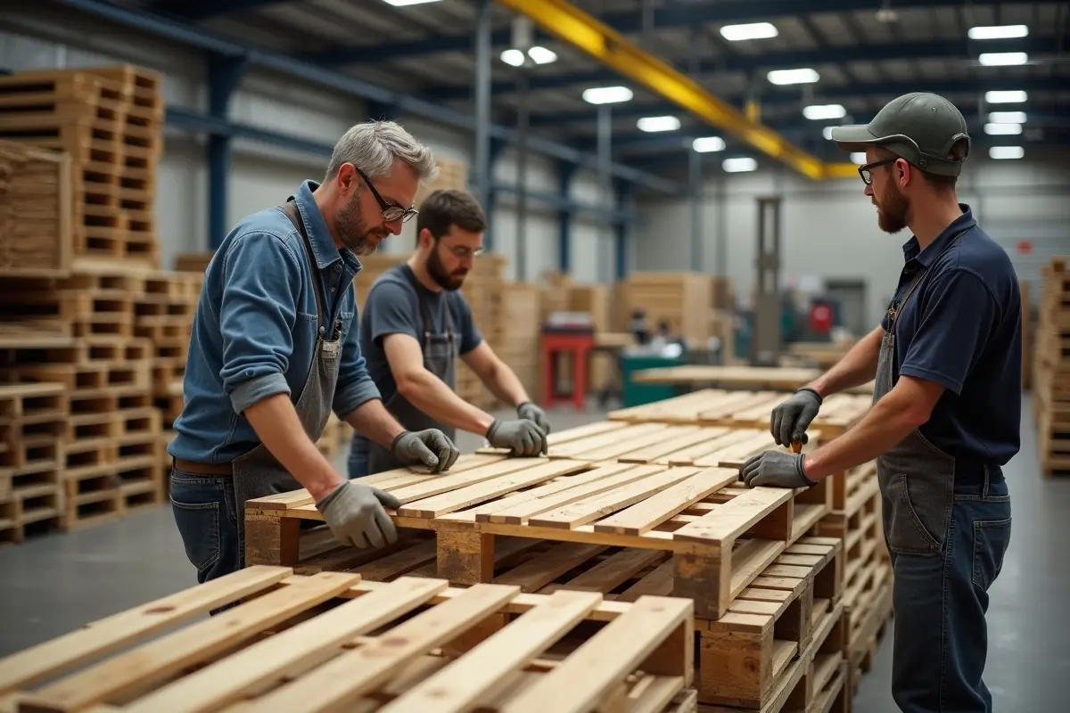 workers fabricating durable custom timber pallets in industrial workshop