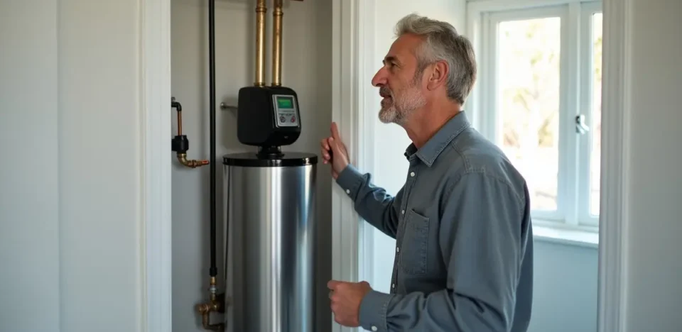homeowner inspecting modern water softener system for improved water quality
