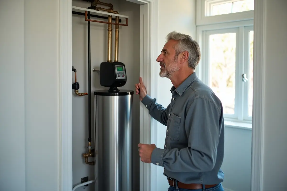 homeowner inspecting modern water softener system for improved water quality