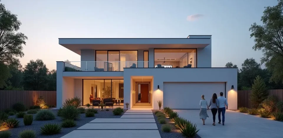family exploring benefits of choosing a newly constructed modern home